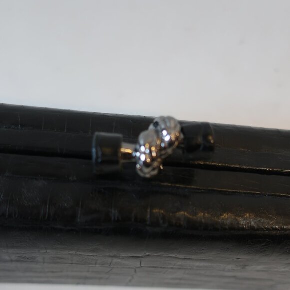 Womens Bloomingdale's Black Croc Embossed Leather Pochette Notch Clutch Handbag - Picture 4 of 12